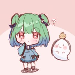  1girl :< ? animal_print arm_at_side blue_dress blush blush_stickers brown_background butterfly_print chibi chibi_only closed_mouth commentary creature double_bun dress fandead_(uruha_rushia) flower-shaped_pupils full_body ghost green_hair hair_bun hair_ornament highres hololive looking_at_viewer miaomi5555 piyoko_(uruha_rushia) red_eyes short_hair simple_background sketch solo standing symbol-shaped_pupils two-tone_background uruha_rushia uruha_rushia_(1st_costume) virtual_youtuber 