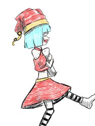 1girl absurdres ankle_boots aqua_hair artist_request black_socks blunt_bangs bob_cut boots closed_eyes colored_skin commentary_request cowboy_shot crop_top from_side fur-trimmed_hat fur_trim grey_skin halterneck highres holding holding_lantern kneehighs lantern non-web_source off_shoulder open_mouth original pointy_shoes pom_pom_(clothes) puffy_short_sleeves puffy_sleeves raised_inner_eyebrows red_hat red_skirt ribbon santa_hat shirt shoes short_sleeves simple_background sketch skirt smile socks solo striped striped_legwear white_background white_socks yellow_hat yellow_ribbon yellow_skirt