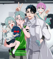  1girl 3boys alien_stage black_eyes black_hair carrying carrying_person child coat english_commentary english_text green_eyes green_tank_top grey-haired_girl_(alien_stage) grey_hair highres ivan_(alien_stage) long_hair lucidkana multiple_boys pink-haired_child_(alien_stage) pink_hair red_pupils shirt short_hair striped_clothes striped_shirt stuffed_animal stuffed_rabbit stuffed_toy tank_top till_(alien_stage) very_short_hair white_coat yellow_eyes 