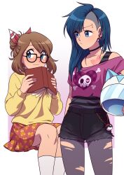  2girls alternate_costume alternate_hairstyle alternate_universe asymmetrical_hair bare_shoulders bespectacled black-framed_eyewear black_choker black_shorts blue_eyes blue_hair blush book brown_hair character_print chest_tattoo choker collarbone commentary commission earrings english_commentary eyebrow_piercing eyelashes face_piercing glasses grey_pantyhose hair_bun hair_ribbon heart heart_print helmet highres hikari_(pokemon) holding holding_book holding_unworn_helmet invisible_chiar jewelry laura_jimenez long_hair long_sleeves may_(pokemon) motorcycle_helmet multiple_girls open_book pantyhose piercing poke_ball poke_ball_(basic) pokemon pokemon_(anime) pokemon_the_series:_diamond_and_pearl pokemon_the_series:_ruby_and_sapphire punk purple_shirt red_ribbon red_skirt ribbon second-party_source shirt short_hair short_sleeves shorts sidecut single_hair_bun sitting skirt skull_and_crossbones socks standing sweater tattoo torchic torn_clothes torn_pantyhose torn_shorts undercut unworn_headwear unworn_helmet white_helmet white_socks yellow_sweater yuri 