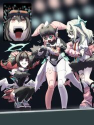  >_< 4girls animal_ears aria_(robot)_(zenless_zone_zero) aria_(zenless_zone_zero) black_hair black_skirt collared_shirt concert fake_animal_ears fan_screaming_at_madison_beer_(meme) goggles goggles_on_head grace_howard green_hair hair_ornament hansam0657 highres holding holding_microphone humanoid_robot leg_warmers maid meme microphone multiple_girls nangong_yu necktie official_alternate_costume open_mouth red_eyes red_necktie robot robot_girl screaming shirt singing skirt squatting standing sunna_(zenless_zone_zero) twintails white_shirt zenless_zone_zero 