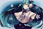  1girl earmuffs green_eyes green_hair hatsune_miku jjjtttjjj long_hair mittens open_mouth outstretched_arms snowflakes solo spread_arms twintails very_long_hair vocaloid 