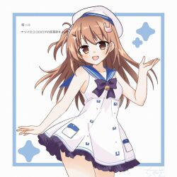  1girl :d bare_arms bell black_bow blue_sailor_collar blush bow breasts brown_eyes brown_hair chest_bow commentary_request cowboy_shot crosspuzzle dress dress_bell dress_pocket fan_request floating_hair frilled_dress frills hair_between_eyes hair_ornament hair_scrunchie hairclip hand_up hat highres inset_border jingle_bell long_hair looking_at_viewer natsuiro_kokoro_log ominae_rin one_side_up open_hand open_mouth parallel_hairclips rabbit_hair_ornament request_inset sailor_collar sailor_dress sailor_hat scrunchie short_dress simple_background sleeveless sleeveless_dress small_breasts smile solo white_background white_dress white_hat white_scrunchie 