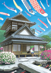  1boy animal architecture azalea_(flower) blue_sky clear_sky commentary_request dog east_asian_architecture fish flower fusuma gable_roof garden gravel kadukireia koi koinobori looking_up original pine_tree pond rock_garden scenery shiba_inu shouji signature sitting sky sliding_doors tile_roof tree veranda windsock 