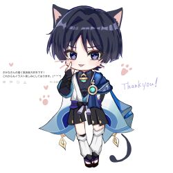 1boy :p absurdres akanbe anemo_symbol_(genshin_impact) animal_ears aqua_gem arm_behind_back armor belt black_belt black_bodysuit black_bow black_bridal_gauntlets black_hair black_sandals black_shorts blue_cape blue_kimono blue_sleeves blunt_ends bodysuit bow bridal_gauntlets cape cat_boy cat_ears cat_tail choppy_bangs drawn_whiskers eyelid_pull eyeliner finger_to_eye full_body furisode gem genshin_impact gold hair_intakes hakama hakama_shorts hand_up heart highres index_finger_raised japanese_armor japanese_clothes japanese_text juban kimono kote kurokote layered_sleeves leg_warmers makeup male_focus mandarin_collar marshmallow_(site) onryy0u open_clothes open_kimono paw_print pleated_shorts purikura purple_pupils purple_rope purple_sash red_eyeliner request_inset rope sandals sash scaramouche_(genshin_impact) short_sleeves shorts side_cape solo tail tassel thank_you toeless_legwear tongue tongue_out tsurime violet_eyes wanderer_(genshin_impact) white_background white_kimono white_leg_warmers white_sleeves white_trim zouri