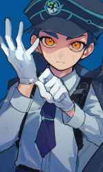  1boy adjusting_clothes adjusting_gloves belt black_belt black_coat black_hat blue_background blue_hair blue_necktie closed_mouth coat coat_on_shoulders collared_shirt commentary_request dutch_angle expressionless gloves hand_up hat highres looking_at_viewer male_focus necktie orange_eyes puyopuyo puyopuyo_quest roquier_(puyopuyo) roquier_(time_leaper)_(puyopuyo) shirt shirt_tucked_in short_hair simple_background solo tie_clip upper_body urolo very_short_hair white_gloves white_shirt 