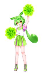  1girl :3 :d absurdres arm_up blush_stickers cheerleader collarbone double-parted_bangs edomura_niniko full_body green_hair green_shoes green_shorts hair_between_eyes highres holding holding_pom_poms long_hair looking_at_viewer low_ponytail official_art open_mouth orange_eyes pink_sleeves pom_pom_(cheerleading) ponytail shirt shoes short_sleeves shorts simple_background smile solo standing transparent_background v-shaped_eyebrows voicevox white_shirt zundamon 