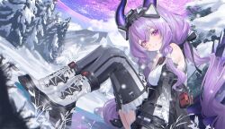  1girl arknights arknights:_endfield bare_shoulders black_gloves black_thighhighs boots closed_mouth detached_sleeves gloves hair_between_eyes highres knees_up long_hair long_sleeves looking_at_viewer outdoors purple_hair sitting smile snow solo thigh-highs typhoeus_(arknights) typhon_(arknights) very_long_hair violet_eyes white_boots winter xian_shui_chang_chong 