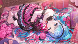  1girl bare_shoulders black_gloves black_hairband blue_hair book commentary company_name copyright_notice detached_collar dress flower food fruit gloves hair_spread_out hairband highres hinomori_shizuku holding holding_food holding_fruit indoors long_hair looking_at_viewer lying mole mole_under_mouth official_alternate_costume official_alternate_hairstyle official_art okuma_mai on_side parted_lips petals pink_dress pink_flower polka_dot polka_dot_dress project_sekai romeo_to_cinderella_(vocaloid) solo thigh_strap 