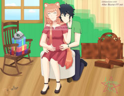  1boy 1girl alternate_costume animal_ear_fluff animal_ears ankle_strap artist_name behind_another black_hair black_pants black_shoes blunt_bangs bracelet breasts brown_hair closed_mouth commentary double-parted_bangs dress english_commentary fanfiction_available full_body gift green_shirt hair_between_eyes hetero highres hug hug_from_behind husband_and_wife indoors iwatani_naofumi jewelry kneeling legendary_shield_(small_shield)_(tate_no_yuusha_no_nariagari) legendary_shield_(tate_no_yuusha_no_nariagari) long_hair malockser medium_breasts messy_hair pants pregnant raccoon_ears raccoon_girl raccoon_tail raphtalia red_dress shirt shoes short_dress short_hair short_sleeves signature sitting smile split_mouth straight_hair tail tanuki tate_no_yuusha_no_nariagari watermark 