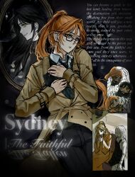 1girl 2boys bible_(object) black-framed_eyewear black_hair black_necktie black_pants blanblan_che blonde_hair book brown_coat brown_robe character_name chibi coat collared_shirt commentary cowboy_shot cross_pendant dark_persona degrees_of_lewdity different_reflection english_commentary english_text falling glasses hair_intakes high_ponytail highres holding holding_book long_hair long_sleeves looking_at_viewer male_focus mirror multiple_boys multiple_views necktie pants player_character_(degrees_of_lewdity) player_character_(female)_(degrees_of_lewdity) ponytail rectangular_eyewear reflection robe shirt sidelocks sideways_mouth sitting sydney_(degrees_of_lewdity) sydney_(male)_(degrees_of_lewdity) white_shirt 