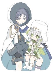  1boy 1girl arms_at_sides black_gloves black_shorts blue_gem blue_scarf blunt_ends boots braid_over_shoulder cape clenched_hand cloak cross cross-shaped_pupils cross_print dress feathers fur-trimmed_cloak fur-trimmed_dress fur-trimmed_hood fur_trim gem genshin_impact gloves gold gold_trim green_cape green_dress green_eyes green_hair green_hat green_sleeves grey_eyes grey_hair hair_between_eyes hat highres hood hood_up hooded_cloak hoyofair long_hair long_sleeves looking_at_viewer multicolored_hair nahida_(genshin_impact) nahida_(nord_express)_(genshin_impact) official_alternate_costume open_hand open_mouth pointy_ears pom_pom_(clothes) purple_trim scaramouche_(genshin_impact) scarf shirt short_dress shorts sidelocks sitting sitting_on_lap sitting_on_person streaked_hair symbol-shaped_pupils tareme tsurime two-sided_fabric two-sided_headwear undershirt ushanka wanderer_(genshin_impact) wanderer_(nord_express)_(genshin_impact) white_boots white_cloak white_dress white_gloves white_hair white_hat white_hood white_shirt white_sleeves winter_clothes wispy_bangs yellow_feathers yellow_pupils yoyuyu_0 