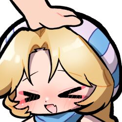  >_< 1girl beanie blonde_hair blue_scarf blush commission commissioner_upload emoticon fang fire_emblem fire_emblem:_genealogy_of_the_holy_war gliesse82_5 hand_on_another's_head hat headpat open_mouth patty_(fire_emblem) scarf solo_focus striped_clothes striped_headwear 