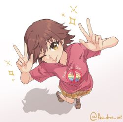  1girl an_dres_art brown_shoes clothes_writing commentary discrimination english_commentary english_text from_above highres homophobia honda_mio idolmaster idolmaster_cinderella_girls looking_at_viewer miniskirt rainbow_flag red_shirt shadow shirt shoes skirt solo striped_clothes striped_skirt tongue tongue_out yellow_skirt 