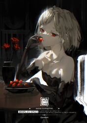  1girl alternate_costume black_dress black_gloves blonde_hair chair commentary commission dark_background dress eating flower flower_pot food food_on_face fruit gloves hand_on_table highres lambdadelta looking_at_another on_chair owlwy_(owl_roi) red_eyes red_flower short_hair sitting solo strawberry strawberry_plant table umineko_no_naku_koro_ni 