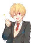  1boy blonde_hair free! hazuki_nagisa male melo_(m_0514) necktie open_mouth red_eyes school_uniform short_hair smile solo star thumbs_up wink 