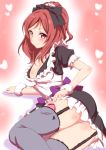  1girl alternate_costume apron blush clearite enmaided garter_straps highres looking_at_viewer love_live!_school_idol_project lying maid maid_headdress nishikino_maki on_side redhead short_hair smile solo thighhighs violet_eyes 