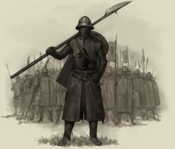  6+boys armor army artist_request aventail boots chainmail commentary crossbow english_commentary glaive_(polearm) holding holding_crossbow holding_polearm holding_shield holding_weapon kettle_helm looking_at_viewer monochrome mount_&amp;_blade multiple_boys official_art polearm shield spear surcoat weapon 