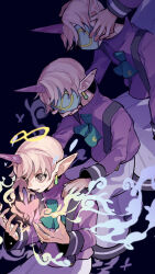  4boys apostolos_(puyopuyo) aqua_ascot ascot blue_mask bug butterfly clone commentary_request earrings halo hand_on_another's_face hand_on_another's_shoulder highres horns infinity_symbol jewelry looking_at_hands magic male_focus mask masked multiple_boys panicking pink_butterfly pink_hair pointy_ears purple_background purple_horns purple_sweater puyopuyo puyopuyo_quest short_hair simple_background single_horn skirt suspender_skirt suspenders sweat sweater unicorn_horn urolo violet_eyes white_skirt yellow_halo 