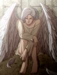  1boy angel angelo_sauper barefoot cabbage666 gundam gundam_unicorn robe silver_hair solo violet_eyes wings 