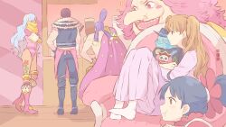  2boys 4girls apron back black_hair brown_hair charlotte_cracker charlotte_flampe charlotte_katakuri charlotte_linlin charlotte_pudding charlotte_smoothie chinese_commentary commentary_request cooking dress family gol_d._roger hand_on_own_hip high_heels highres leotard long_dress long_nose mandel multiple_boys multiple_girls nitro_(one_piece) one_piece pink_apron pink_hair pink_leotard ponytail purple_hair scarf sitting smile twintails white_hair 