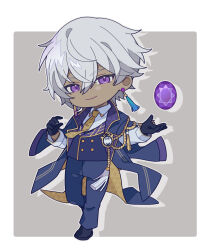  1boy aiguillette black_coat black_gloves black_pants black_shoes border buttons chibi chibi_only closed_mouth coat coat_on_shoulders collared_shirt commentary_request crossed_bangs dark-skinned_male dark_skin double-breasted drop_shadow earrings gem gloves gold_trim grey_background grey_hair hair_between_eyes hands_up highres honkai:_star_rail honkai_(series) jewelry lapels leg_up long_sleeves looking_at_viewer male_focus mismatched_earrings necktie outside_border pants purple_coat purple_gem purple_vest shirt shoes short_hair simple_background smile smirk solo standing standing_on_one_leg sugilite_(honkai:_star_rail) sugilite_(stoneheart's_oath_ring)_(honkai:_star_rail) sweet_love4s tassel tassel_earrings tie_clip two-sided_coat two-sided_fabric vest violet_eyes white_border white_shirt wing_collar yellow_necktie 