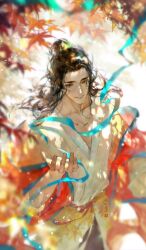  1boy all_wishes_come_true! artist_name autumn_leaves bishounen black_hair black_pants blue_ribbon blue_trim blurry brown_eyes brown_hair chinese_clothes chinese_commentary coat collarbone commentary_request dappled_sunlight depth_of_field facial_hair floating_hair hair_bun hair_ornament half_updo hand_up hanfu highres holding holding_ribbon jewelry leaf leaf_belt leaf_hair_ornament leaf_ornament light_particles long_hair long_sleeves looking_at_viewer male_focus miaodalizi mustache_stubble necklace off_shoulder open_clothes open_coat outstretched_hand pants parted_lips pectoral_cleavage pectorals red_coat red_sash ribbon robe sash single_hair_bun smile solo stubble sunlight upper_body white_hanfu zhongli_quan_(all_wishes_come_true!) 