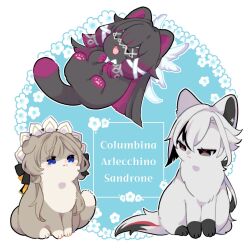  :d animalization arlecchino_(genshin_impact) black_eyes black_hair blue_eyes cat character_name closed_eyes columbina_(genshin_impact) commentary genshin_impact grey_hair head_wings highres nasuka_gee no_humans open_mouth revision sandrone_(genshin_impact) smile untranslatable_commentary wings 