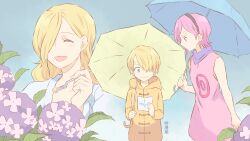  1boy 2girls blonde_hair blue_eyes blush brother_and_sister chinese_commentary coat commentary_request curly_eyebrows dress family flower fork hair_over_one_eye highres holding holding_fork holding_umbrella hood hooded_coat mandel mother_and_child multiple_girls neckerchief one_piece parent_and_child pink_dress pink_hair rain sanji_(one_piece) siblings smile umbrella vinsmoke_reiju vinsmoke_sora yellow_coat 