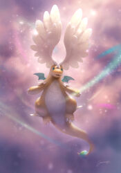  claws colored_skin dragon dragonite feathered_wings flying full_body green_eyes head_wings highres horns joannazelle mega_dragonite mega_evolution mega_pokemon no_humans orange_skin pokemon pokemon_(creature) pokemon_focus single_horn sky solo tail wings 