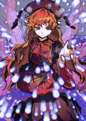  1girl black_dress black_hat blonde_hair chinese_clothes closed_mouth commentary_request cotolu crescent_print dalachi_(headdress) danmaku dress energy_tail fox_tail hat highres junko_(touhou) long_hair long_sleeves looking_at_viewer multiple_tails neck_ribbon red_eyes red_tabard ribbon smile solo tabard tail touhou very_long_hair wide_sleeves yellow_ribbon 