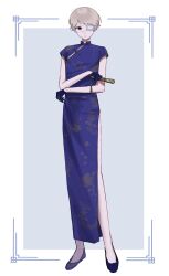  1boy alternate_costume black_eyes black_gloves blonde_hair blue_dress blue_shoes chinese_clothes commentary_request crossdressing crossdressing_(mtf) dress esse_series eyepatch flats full_body gloves griffin_stewart hand_fan highres holding holding_fan qipao shoes short_hair side_slit solo standing sugokusukinanda very_short_hair 