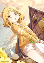  1girl :o bag blonde_hair clouds cloudy_sky dutch_angle evening flower from_below gochuumon_wa_usagi_desu_ka? green_eyes highres holding holding_bag hood hoodie house kirima_syaro medium_hair non-web_source official_art outdoors rui_tamachi scan short_shorts shorts sky solo_focus spring_onion thighs town white_shorts yellow_flower yellow_hoodie 