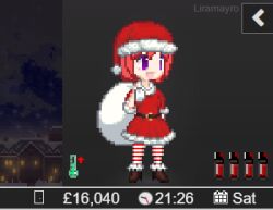  1girl :d animated animated_gif artist_name belt boots degrees_of_lewdity dress fur-trimmed_boots fur-trimmed_dress fur-trimmed_headwear fur-trimmed_sleeves fur_trim game_screenshot_background hair_between_eyes hand_up hat high-waist_belt high_heel_boots high_heels holding holding_sack liramayro looking_to_the_side looping_animation lowres meme no_nose padoru_(meme) pixel_art player_character_(degrees_of_lewdity) player_character_(female)_(degrees_of_lewdity) pom_pom_(clothes) red_dress red_hair red_hat red_thighhighs sack santa_costume santa_dress santa_hat screenshot_background short_dress short_hair smile solo spinning striped_clothes striped_thighhighs thigh-highs violet_eyes 