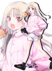 1girl bag bag_charm black_shoes black_socks blush charm_(object) commentary crepe food fuzuki_fuuro grey_hair highres holding holding_crepe holding_food long_hair open_mouth original pink_shirt red_eyes shirt shirt_tucked_in shoes short_shorts shorts sneakers socks teeth untranslatable_commentary upper_teeth_only white_shorts zoom_layer 