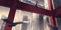  1girl absurdres bird bow brown_hair building cellphone checkered_clothes checkered_skirt commentary_request crow flip_phone floating_hair geta hair_bow hat highres himekaidou_hatate holding holding_phone i-beam long_hair looking_at_object looking_at_phone meo_(user_rhdv8385) morning necktie outdoors phone photo_(object) purple_hat purple_skirt scenery shirt short_sleeves sitting skirt sky skyscraper steel_beam thigh-highs tokin_hat touhou twintails 