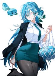  1girl absurdres artist_name bag black_pantyhose blue_eyes blue_hair blue_necktie buro_moon collared_shirt commentary dated dress_shirt earrings food formal_clothes fruit hair_bun hair_ornament hairclip high_heels highres holding holding_bag ice icicle jewelry leaf long_hair looking_at_viewer necktie office_lady open_mouth panties pantyhose pencil_skirt personification plants_vs._zombies reference_inset sentient_plant shirt shirt_tucked_in skirt solo suit underwear watermelon white_background white_shirt winter_melon_(plants_vs._zombies) 