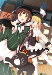  2girls :d :o ama_usa_an_uniform animal_ears anko_(gochiusa) apron artist_request black_hairband black_skirt black_wrist_cuffs blonde_hair blue_eyes blunt_bangs blush brown_hair crown fake_animal_ears feet_out_of_frame fleur_de_lapin_uniform floppy_ears food frilled_apron frilled_hairband frilled_shirt frills from_below gochuumon_wa_usagi_desu_ka? green_eyes green_kimono hair_ribbon hairband hands_up highres holding holding_tray japanese_clothes kimono kirima_syaro light_particles lolita_hairband long_hair long_sleeves lop_rabbit_ears maid maid_apron medium_hair mini_crown miniskirt multiple_girls non-web_source official_art one_eye_closed outdoors pinstripe_kimono pinstripe_pattern polka_dot_trim puffy_short_sleeves puffy_sleeves rabbit rabbit_ears ribbon scan shirt short_hair short_sleeves skirt smile standing standing_on_one_leg striped_clothes striped_kimono sunlight tareme thigh-highs tray ujimatsu_chiya underbust v_arms vertical-striped_clothes vertical-striped_kimono wa_maid wagashi waist_apron waitress white_apron white_ribbon white_shirt white_thighhighs wide_sleeves wild_geese wrist_cuffs youkan_(food) 