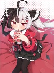  1girl absurdres ahoge black_bow black_choker black_hair black_pantyhose black_skirt blush bow choker commentary_request demon_girl demon_tail drink_carton hair_bow hair_ornament heart heart_hair_ornament highres holding holding_drink_carton holding_juice_box jacket juice juice_box keven_(ewdx3754) lacrimosa_(nte) long_hair looking_at_viewer multicolored_hair neverness_to_everness open_mouth pantyhose pink_streaks red_eyes red_jacket shirt skirt solo split-color_hair streaked_hair tail tomato_juice twintails two-tone_hair very_long_hair white_hair white_shirt x_hair_ornament 