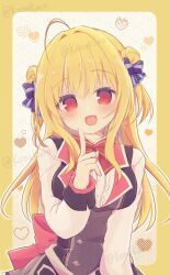  1girl :d ahoge back_bow blonde_hair blue_bow blush border bow bowtie breasts buttons center_frills collared_shirt commentary_request cowboy_shot diamond_button double-breasted double_bun floating_hair frilled_shirt frills grey_skirt hair_between_eyes hair_bow hair_bun hamidashi_creative hand_up heart heart_background highres huge_bow index_finger_raised izumi_hiyori konoquro large_breasts long_hair long_sleeves looking_at_viewer miniskirt open_mouth outline outside_border red_bow red_bowtie red_eyes school_uniform shirt sidelocks simple_background skirt smile solo striped_bow twitter_username two_side_up very_long_hair white_background white_outline white_shirt yellow_border 