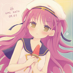  1girl :t alternate_eye_color bare_shoulders black_ribbon blue_sailor_collar blush brown_eyes character_name closed_mouth commentary dated dress dress_ribbon dutch_angle floating_hair food gradient_background hair_between_eyes hands_up happy_birthday hat hat_ribbon highres holding holding_food holding_popsicle katou_umi konoquro long_hair looking_at_viewer outline pink_hair popsicle pout ribbon sailor_collar sailor_dress sailor_hat simple_background sleeveless sleeveless_dress solo summer_pockets two_side_up untranslatable_commentary upper_body very_long_hair watermelon_bar white_dress white_hat white_outline yellow_ribbon 