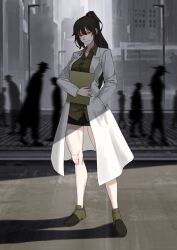  1girl absurdres angela_(project_moon) bear_hair_ornament black_skirt breasts brown_hair closed_mouth coat collared_shirt commentary_request folder full_body glowing glowing_eyes goriahn green_shirt green_shoes grin hair_ornament hand_in_pocket high_ponytail highres holding holding_folder korean_commentary lab_coat legs library_of_ruina limbus_company lobotomy_corporation long_hair long_sleeves looking_at_viewer pencil_skirt people ponytail project_moon red_eyes shade shadow shirt shoes sidelighting skirt smile solo_focus standing very_long_hair white_coat wing_collar 