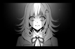  1girl absurdres commentary_request danganronpa_(series) danganronpa_3_(anime) dark_background greyscale hair_ornament highres hood jacket looking_at_viewer medium_hair monochrome nanami_chiaki neck_ribbon ogkttjc ribbon shirt simple_background solo sweat wide-eyed 