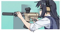  1girl aac_honey_badger absurdres assault_rifle black_hair collared_shirt ear_protection glasses gun highres holding holding_weapon optical_sight original pilot_webber rifle round_eyewear shirt sleeves_rolled_up solo suppressor sweater_vest vest weapon white_shirt 