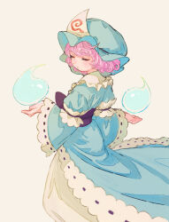  1girl absurdres canariadraw closed_eyes commentary_request dress frills hat highres hitodama japanese_clothes kimono long_sleeves mob_cap pink_hair saigyouji_yuyuko short_hair simple_background solo touhou triangular_headpiece upper_body wavy_hair white_background wide_sleeves 