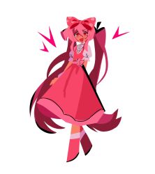  1girl blush bow commentary commentary_typo double-parted_bangs dress english_commentary full_body hair_between_eyes hair_bow highres long_hair long_sidelocks looking_at_viewer omori open_mouth pink_bow pink_dress pink_eyes pink_hair pink_shoes polka_dot polka_dot_bow puffy_short_sleeves puffy_sleeves shoes short_sleeves sidelocks smile solo sweetheart_(omori) tessieninja twintails 