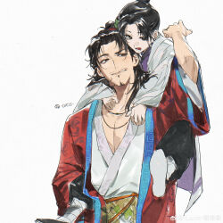  2boys absurdres aged_down all_wishes_come_true! black_eyes black_hair black_pants black_shoes blue_trim brown_eyes carrying carrying_person child chinese_clothes chinese_commentary coat collarbone commentary_request facial_hair flame_print hair_bun hair_ornament half_updo hanfu highres implied_yaoi jewelry leaf_belt leaf_hair_ornament leaf_ornament leg_wrap long_hair long_sleeves looking_at_another looking_at_viewer lucis0407 lv_dongbin_(all_wishes_come_true!) male_focus multiple_boys mustache_stubble necklace open_clothes open_coat open_mouth orange_sash pants parted_lips pectoral_cleavage pectorals piggyback print_robe red_coat robe sash shoe_soles shoes shoulder_carry simple_background single_hair_bun sitting_on_shoulder smile stubble time_paradox topknot twitter_username updo upper_body watermark weibo_watermark white_background white_hanfu wide_sleeves zhongli_quan_(all_wishes_come_true!) 