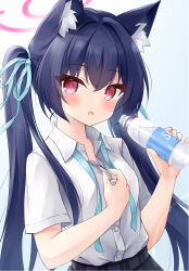  1girl :o animal_ear_fluff animal_ears black_hair black_skirt blue_archive blue_ribbon blush bottle cat_ears cat_girl collared_shirt colored_eyelashes commentary_request cowboy_shot dress_shirt eyes_visible_through_hair fingernails hair_between_eyes hair_intakes hair_ribbon halo hands_up highres holding holding_bottle jewelry long_hair looking_at_viewer mochizuki_riku neck_ribbon neck_ring open_mouth pink_halo plaid_clothes plaid_skirt red_eyes ribbon school_uniform serika_(blue_archive) shirt short_sleeves sidelocks simple_background skirt slit_pupils solo straight_hair sweat twintails unbuttoning very_long_hair water_bottle white_background white_shirt 