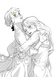  2girls ;( blue_eyes closed_mouth commentary_request dress frown ghosts_of_greywoods green_eyes hair_bun hand_on_another's_back highres hug korean_commentary let_ink long_hair multiple_girls official_art one_eye_closed parted_lips single_hair_bun spot_color wavy_hair white_background yuri 