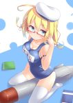  1girl absurdres blonde_hair blue_eyes blush book breasts glasses hat highres i-8_(kantai_collection) kantai_collection personification red-framed_glasses school_swimsuit semi-rimless_glasses short_hair solo spirytus_tarou swimsuit thighhighs torpedo under-rim_glasses white_legwear 